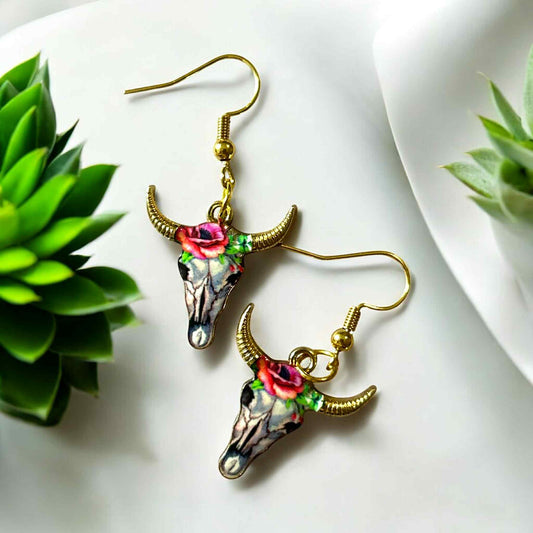 Steer Skull - Pink Single Rose - Novelty Earring