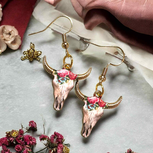 Steer Skull -  Red Rose - Novelty Earring
