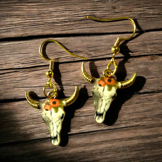 Steer Skull - Coral Flower  - Novelty Earring