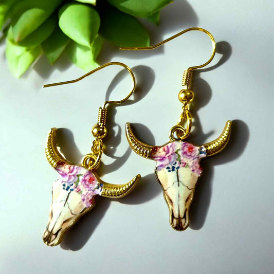 Steer Skull - Light Purple Flower - Novelty Earring