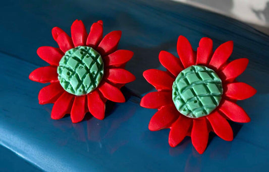 Clay Earring - Red/Mint Sunflower