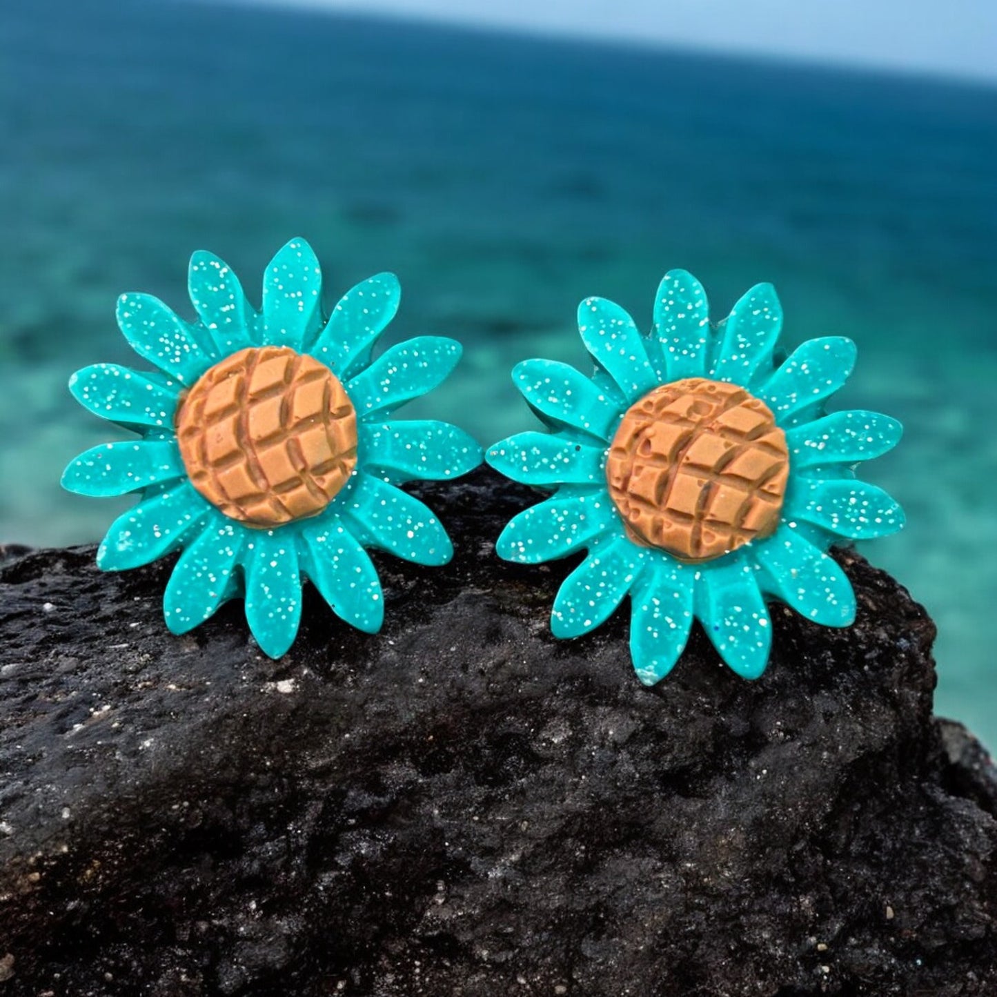 Clay Earring - Teal Glitter Sunflower