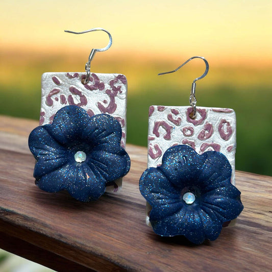 Clay Earring - Blue Flower Leopard