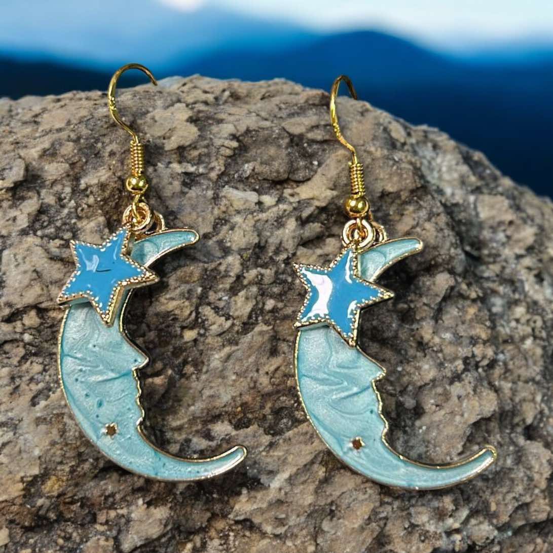 Blue Large Crescent & Star - Novelty Earring