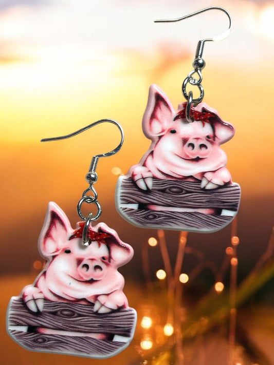 Red Bow Pig - Novelty Earring