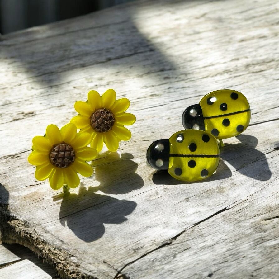 Ladybug Flower Post - Yellow - Novelty Earring