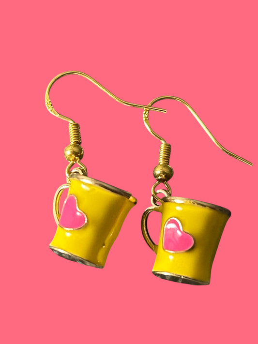 Yellow Heart Coffee Cup - Novelty Earring