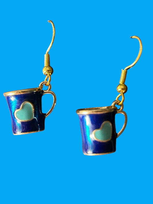 Blue Heart Coffee Cup - Novelty Earring