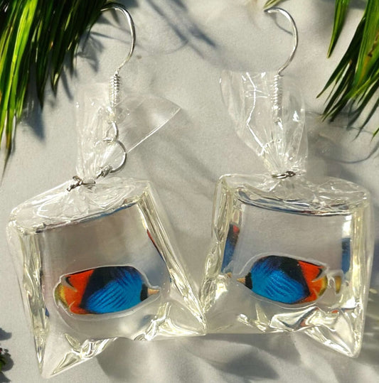 Blue/Orange Fish in Bag - Novelty Earring