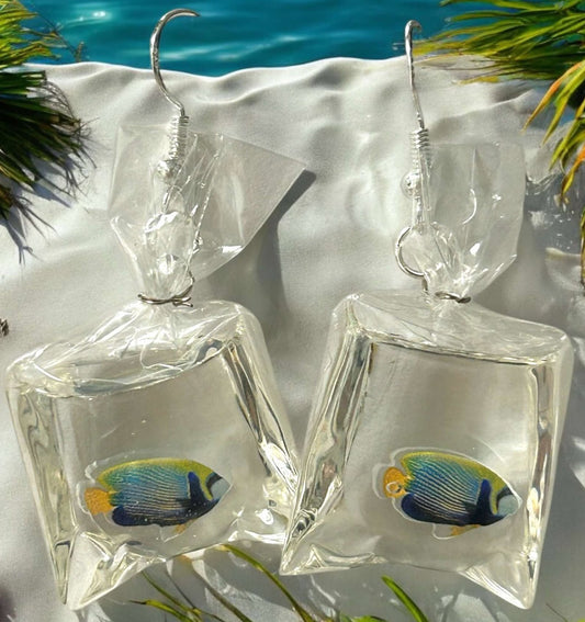 Blue/Yellow Fish in Bag - Novelty Earring